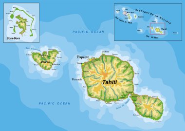 Tahiti ve Bora-Bora çok detaylı fiziksel harita