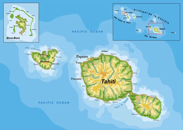 Tahiti Bora Bora Çok Detaylı Fiziksel Harita — Stok Vektör