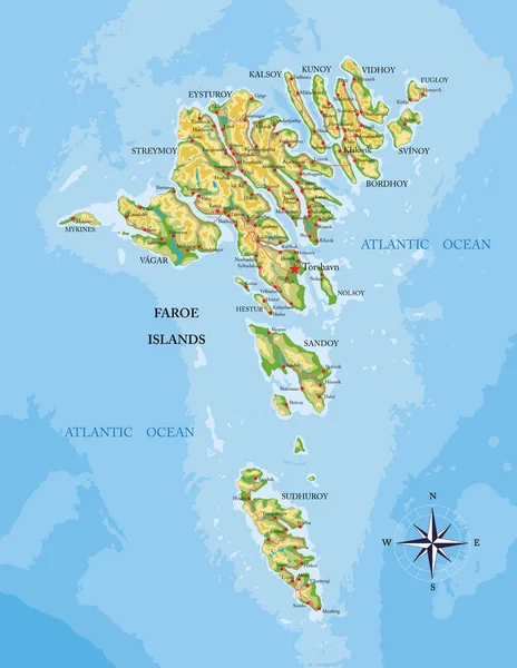 フェロー諸島非常に詳細な物理的地図 — ストックベクタ