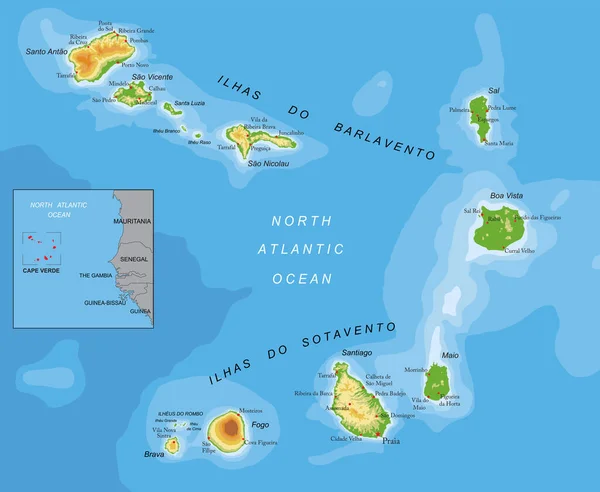 Kap Verde Sehr Detaillierte Physikalische Karte — Stockvektor