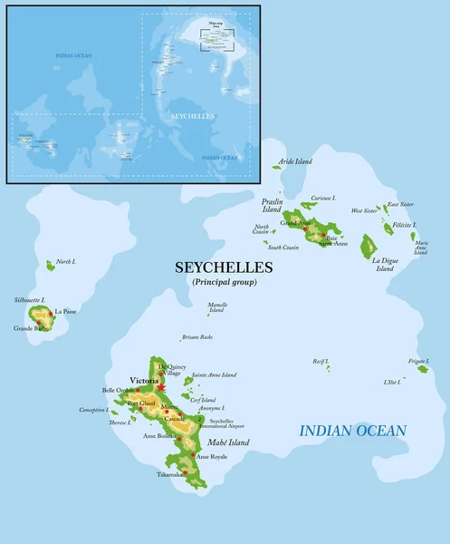 Seychellen Inseln Sehr Detaillierte Physische Karte lizenzfreie Stockvektoren