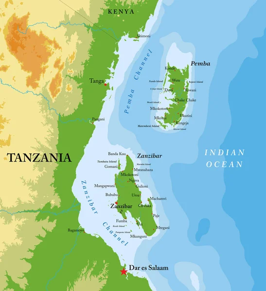Sansibar Und Pemba Inseln Sehr Detaillierte Physische Karte Stockillustration
