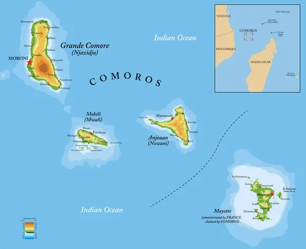 Komoren Sehr Detaillierte Physikalische Karte Stockvektor