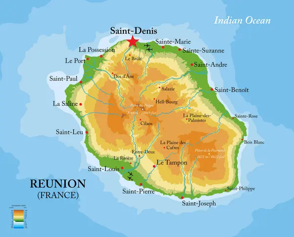 Sehr Detaillierte Physische Karte Der Insel Réunion Stockvektor