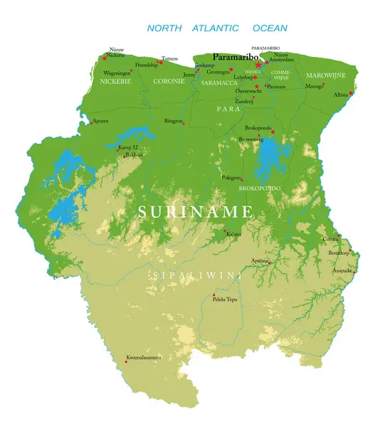 Suriname Sehr Detaillierte Physische Karte lizenzfreie Stockillustrationen
