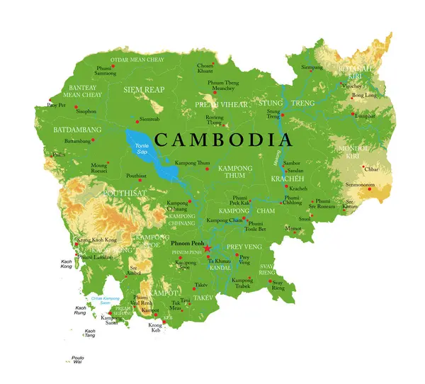 Kambodscha Sehr Detaillierte Physikalische Karte Stockvektor