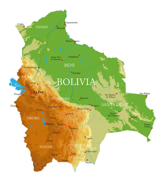 Bolivien Sehr Detaillierte Physikalische Karte lizenzfreie Stockvektoren