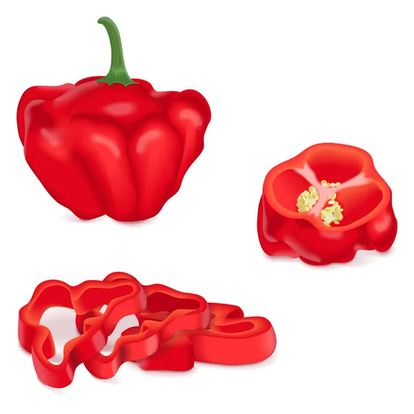Whole Quarter Slices Wedges Red Scotch Bonnet Peppers Capsicum Chinense — Stock Vector
