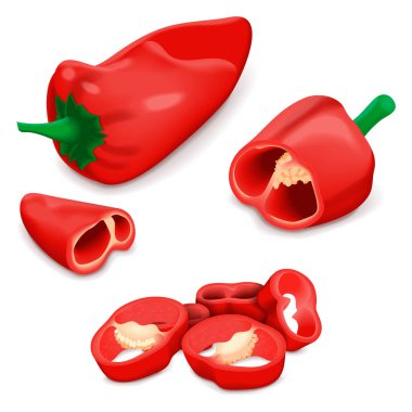 Whole, quarter, slices, and wedges of Spanish Piquillo peppers. Pimiento pepper. Capsicum annuum. Red chili pepper. Vegetables. Vector illustration isolated on white background. clipart
