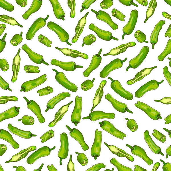 stock vector Seamless pattern with whole, half, wedges, and slices of Shishito green pepper. Capsicum annuum. Chili pepper. Vegetables. Vector illustration isolated on white background. Cartoon style.