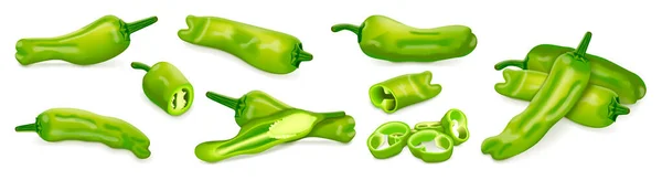 Set Whole Half Quarter Slices Wedges Shishito Green Pepper Capsicum — Stock Vector