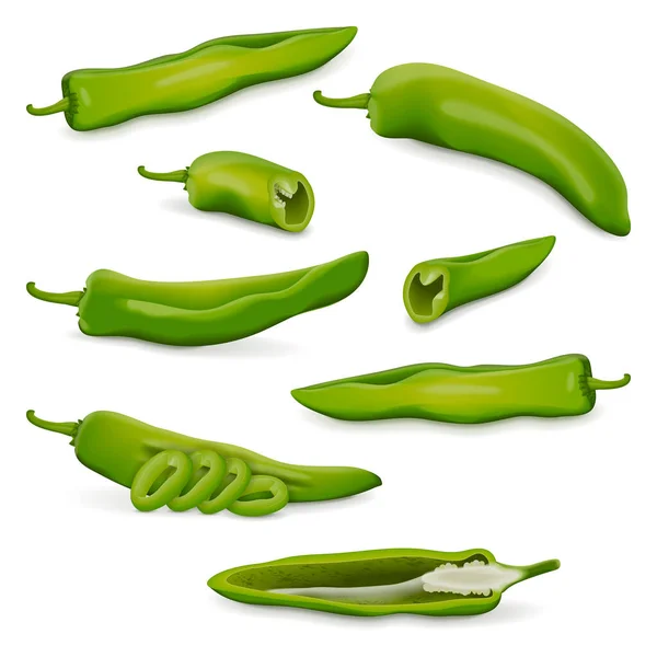 Set Whole Half Quarter Slices Wedges Green Anaheim Peppers Capsicum — Stock Vector