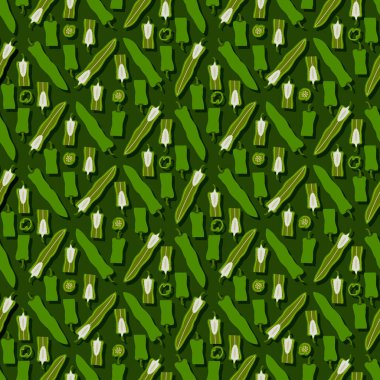 Eksiksiz desenli, yarım kama ve dilimlenmiş yeşil anaheim biberli. Capsicum annuum. Chili biberi. Sebzeler. Vektör illüstrasyonu yeşil arkaplanda izole edildi. Düz biçim.