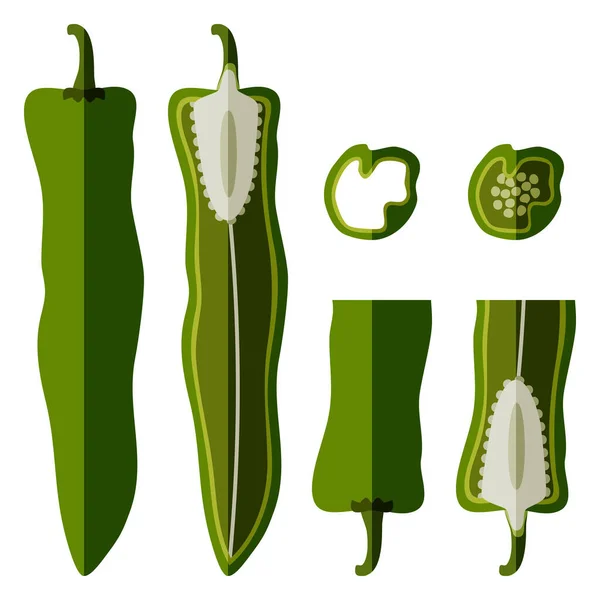 用一整盘 四分之一片 切片和几块绿色的安眠药片 Capsicum Annuum 辣椒辣椒 新鲜有机蔬菜 平淡的风格 在白色背景上孤立的向量图 — 图库矢量图片