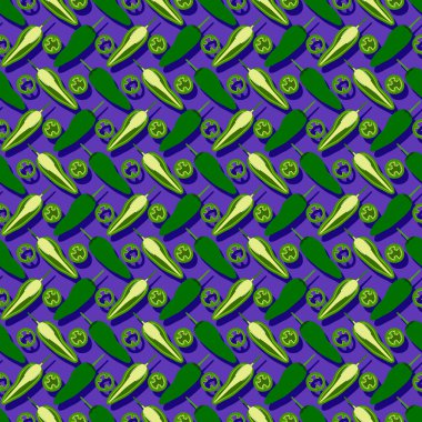 Yeşil Jalapeno biberli kusursuz desen. Capsicum annuum. Chili biberi. Sebzeler. Düz stil. Mor arkaplanda izole edilmiş vektör illüstrasyonu.