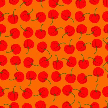 Seamless pattern with Rocoto peppers. Locoto peppers. Rocote peppers. Capsicum pubescens. Chili pepper. Vegetables. Flat style. Vector illustration isolated on yellow background.