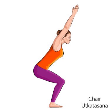 Yoga yapan, sandalye pozu veren, vahşi poz veren ya da Utkatasana 'ya giden genç bir kadın. Ayakta ve Dengede. Acemi. Vektör illüstrasyonu beyaz arkaplanda izole edildi.