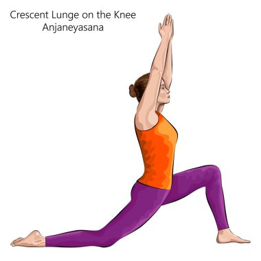 Kadın yoga egzersizi yaparken, diz ya da alt merdiven pozisyonunda Crescent Lunge yaparken ya da Anjaneyasana 'da. Ayakta ve Dengede. Acemi. Vektör illüstrasyonu beyaz arkaplanda izole edildi.