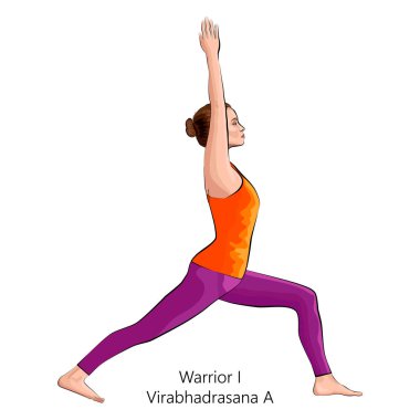 Yoga yapan, poz veren, Virabhadrasana A yapan genç bir kadın. Ayakta ve Dengede. Acemi. Vektör illüstrasyonu beyaz arkaplanda izole edildi.