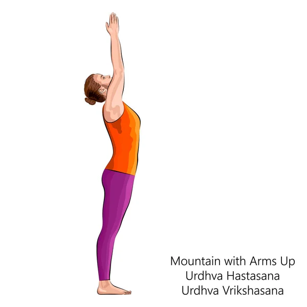 Woman Practicing Yoga Doing Pose Mountain Arms Upward Salute Upward — Stock Vector