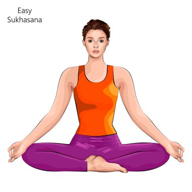 Yoga egzersizi yapan genç bir kadın, kolay poz veriyor. Sukhasana. Oturmuş ve nötr. Acemi. Vektör illüstrasyonu beyaz arkaplanda izole edildi.