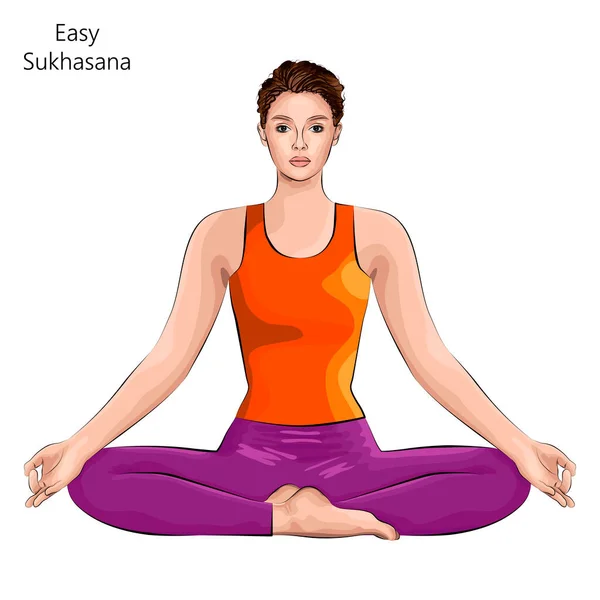 Mujer Joven Practicando Ejercicio Yoga Haciendo Pose Fácil Sukhasana Sentados — Archivo Imágenes Vectoriales