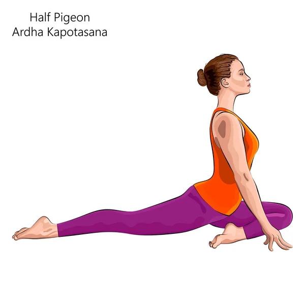 Giovane Donna Che Pratica Esercizio Yoga Facendo Mezza Posa Piccione — Vettoriale Stock