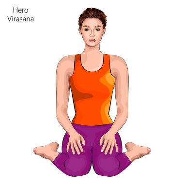 Genç kadın yoga egzersizi yapıyor, kahraman pozu veriyor. Virasana. Oturdum ve arkamı döndüm. Acemi. Vektör illüstrasyonu beyaz arkaplanda izole edildi.
