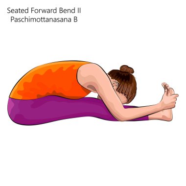 Yoga egzersizi yapan genç bir kadın. Oturmuş İleri Kıvrım 2 pozu ya da Yoğun Batı Esnemesi. Paschimottanasana B. Oturdu ve öne eğildi. Acemi. Vektör illüstrasyonu beyaz arkaplanda izole edildi