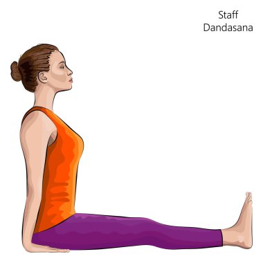 Yoga egzersizi yapan, personel pozu veren genç bir kadın. Dandasana. Oturmuş ve nötr. Acemi. Vektör illüstrasyonu beyaz arkaplanda izole edildi.