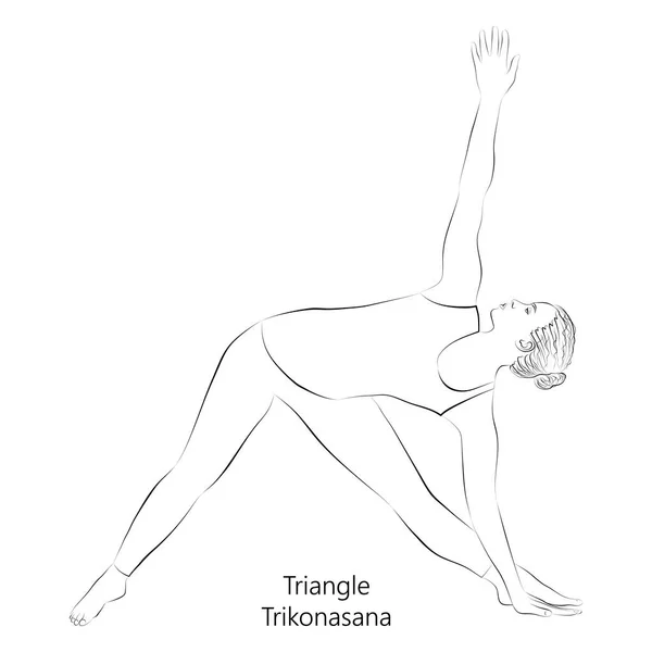 ヨガを練習する若い女性のスケッチ 三角形のポーズやTrikonasanaを行います 立ち位置と側面のベンド 初心者 透明背景に孤立したベクトル図 — ストックベクタ