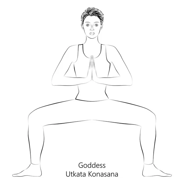 Bosquejo Mujer Joven Practicando Yoga Haciendo Pose Diosa Pose Postura — Vector de stock