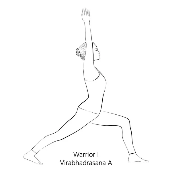 年轻女子练习瑜伽 做勇士队1 1人姿势或Virabhadrasana的素描站立与平衡 初学者 在透明背景下孤立的矢量说明 — 图库矢量图片