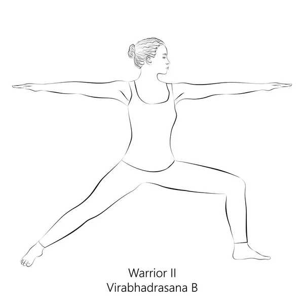 Bosquejo Mujer Joven Practicando Yoga Haciendo Guerrero Dos Pose Virabhadrasana — Archivo Imágenes Vectoriales
