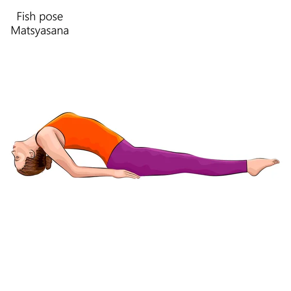 Junge Frau Praktiziert Yoga Übungen Macht Fish Pose Matsyasana Rückenlage — Stockvektor