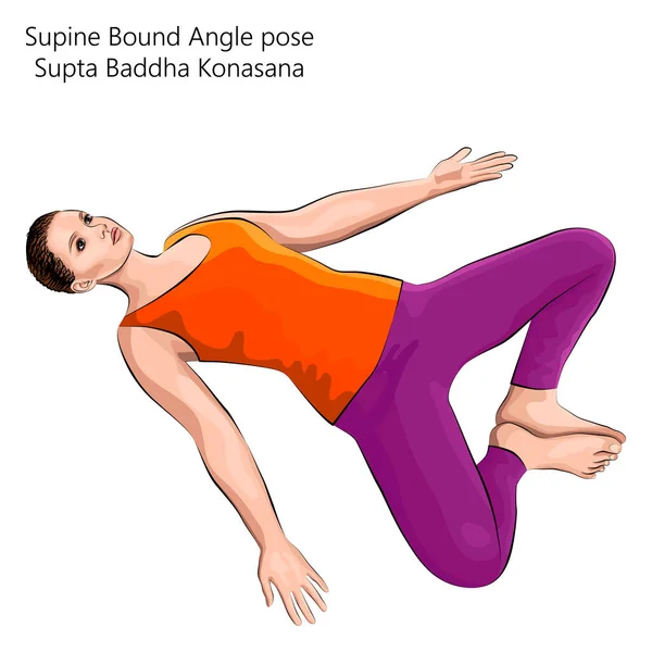 Молода Жінка Займається Вправами Йогу Виконуючи Supine Bound Angle Pose — стоковий вектор
