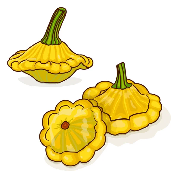 一组黄色的帕蒂潘氏南瓜或斯卡洛皮或斯卡洛皮尼南瓜 夏天的壁球曲奇饼辣椒 水果和蔬菜 卡通风格 在白色背景上孤立的向量图 — 图库矢量图片