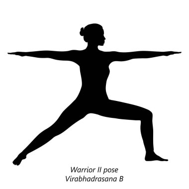 Düz siyah siluet, yoga yapan genç bir kadın, Warrior 2 2 poz veriyor ya da Virabhadrasana B Ayakta ve Dengede. Acemi. Vektör illüstrasyonu şeffaf arkaplanda izole edildi.