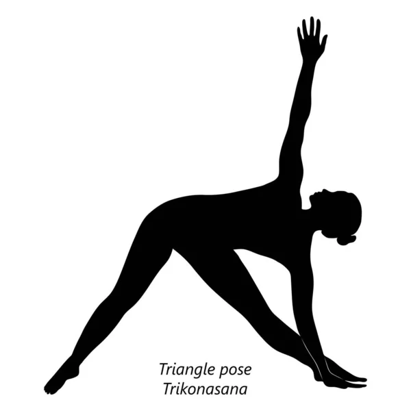 ヨガを練習する若い女性のフラット黒のシルエット 三角形のポーズやTrikonasanaを行います 立ち位置と側面のベンド 初心者 透明背景に孤立したベクトル図 — ストックベクタ