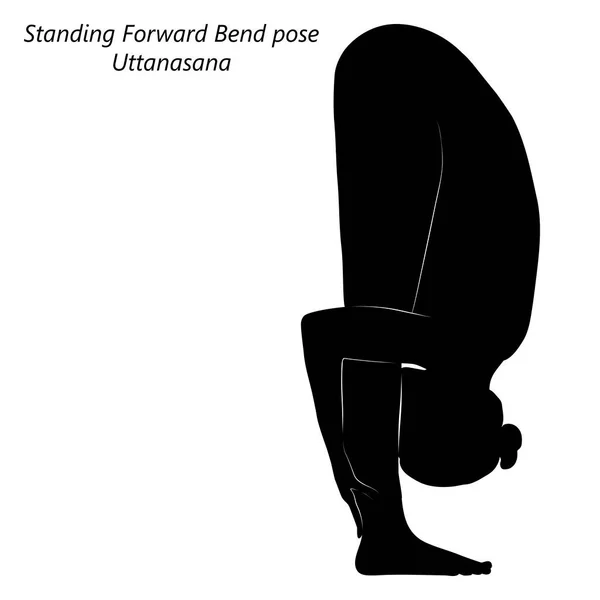 Silueta Plana Negra Mujer Joven Practicando Yoga Haciendo Pose Standing — Vector de stock