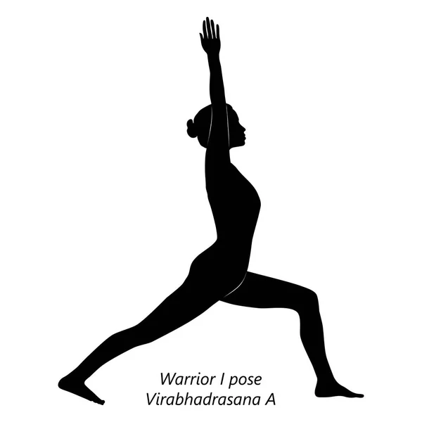 Silhouette Noire Plate Jeune Femme Pratiquant Yoga Faisant Guerrier Une — Image vectorielle