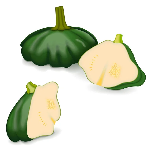 整个和一半的绿色帕蒂潘南瓜或斯卡洛皮尼南瓜 夏天的壁球曲奇饼辣椒 水果和蔬菜 在白色背景上孤立的向量图 — 图库矢量图片
