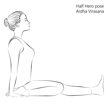 Yoga yapan, yarı kahraman pozu veren genç bir kadının çizimi. Ardha Virasana. Oturdum ve arkamı döndüm. Acemi. Vektör illüstrasyonu şeffaf arkaplanda izole edildi.