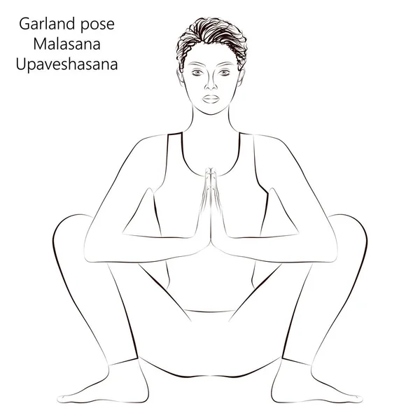 stock vector Sketch of young woman practicing yoga, doing Garland pose or Yogi Squat pose. Malasana or Upaveshasana. Seated and Balancing. Beginner. Vector illustration isolated on transparent background.