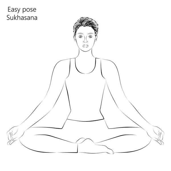Bosquejo Una Joven Practicando Yoga Haciendo Pose Fácil Sukhasana Sentados — Archivo Imágenes Vectoriales