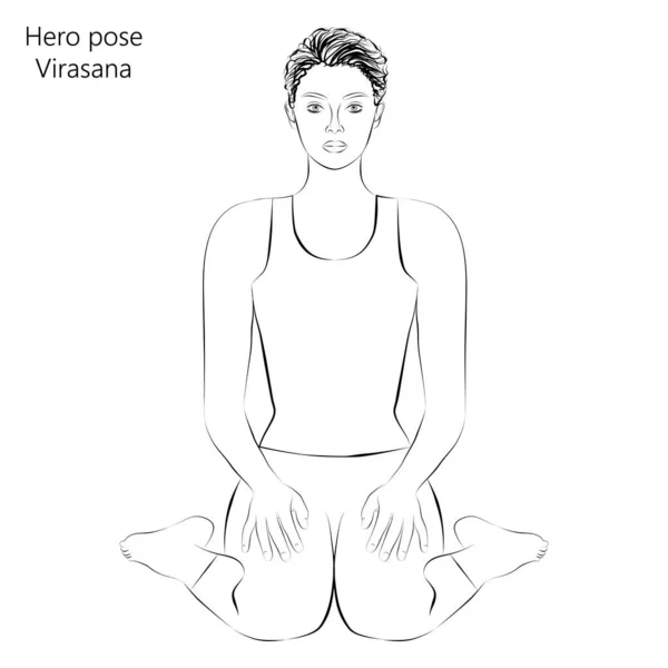 Bosquejo Una Joven Practicando Yoga Haciendo Pose Héroe Virasana Sentados — Vector de stock