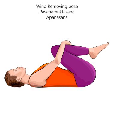 Young woman practicing yoga exercise, doing Wind Removing or Wind Relieving pose. Pavanamuktasana. Apanasana. Supine and Forward Bend. Beginner. Vector illustration isolated on white background.