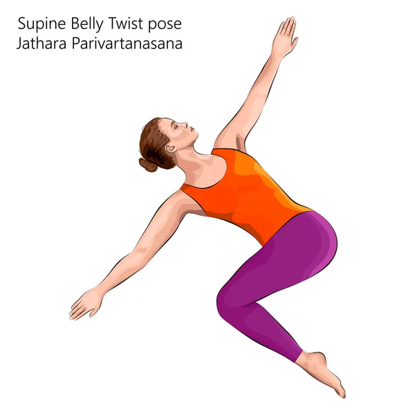 Молода Жінка Займається Вправами Йогу Виконуючи Supine Belly Twist Або — стоковий вектор