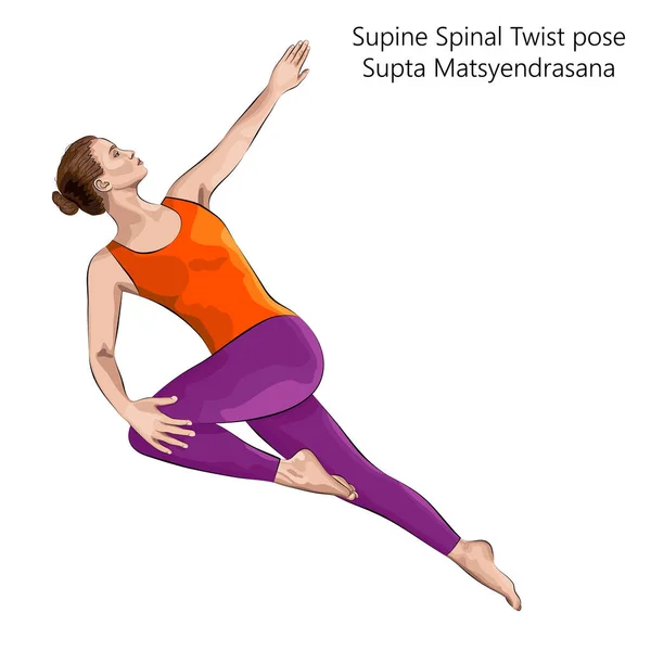 Mujer Joven Practicando Ejercicio Yoga Haciendo Pose Giro Espinal Supino — Archivo Imágenes Vectoriales
