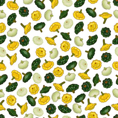 Sarı, yeşil ve beyaz Patty Pan kabağıyla kusursuz desen. Deniz tarağı ya da deniz tarağı kabağı. Yaz kabağı. Meyve ve sebze. Çizgi film tarzı. Vektör illüstrasyonu beyaz arkaplanda izole edildi.